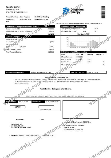 USA Dominion Energy business utility bill template in Word and PDF formats